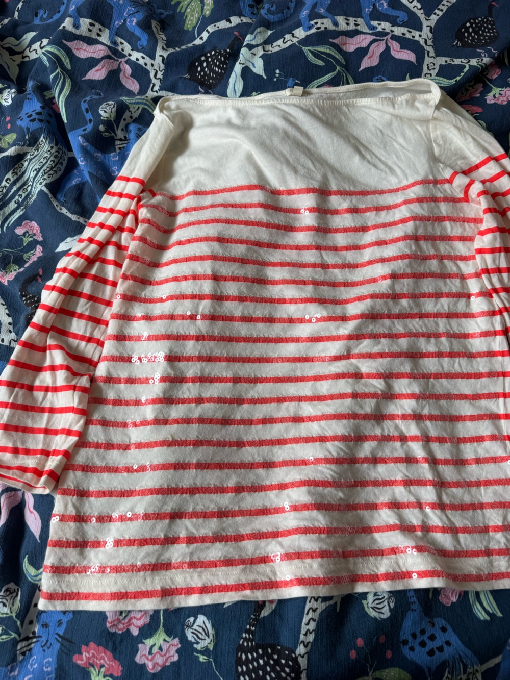 J. Crew White and Coral Striped Sequin Boatneck Top